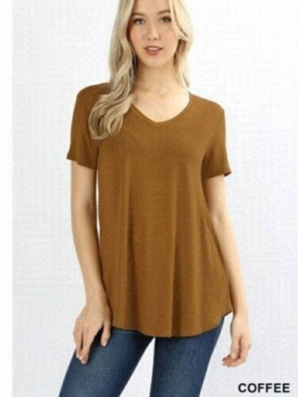 ZENANA Rayon Short Sleeve V neck Coffee Color Top Size 1XL NWT